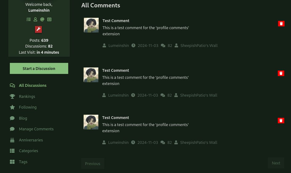 Profile Comments management page