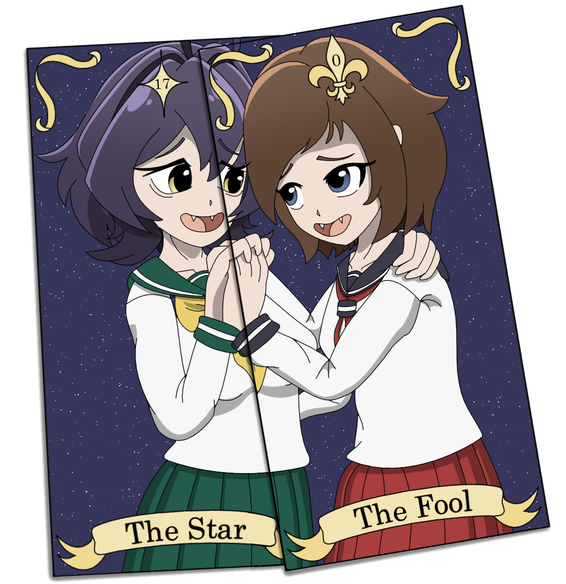{artwork of two tarot cards, one of Utena Hiiragi as The Star and the other as Amelia Syreth as The Fool, they're holding hands as the cards are laid on each other